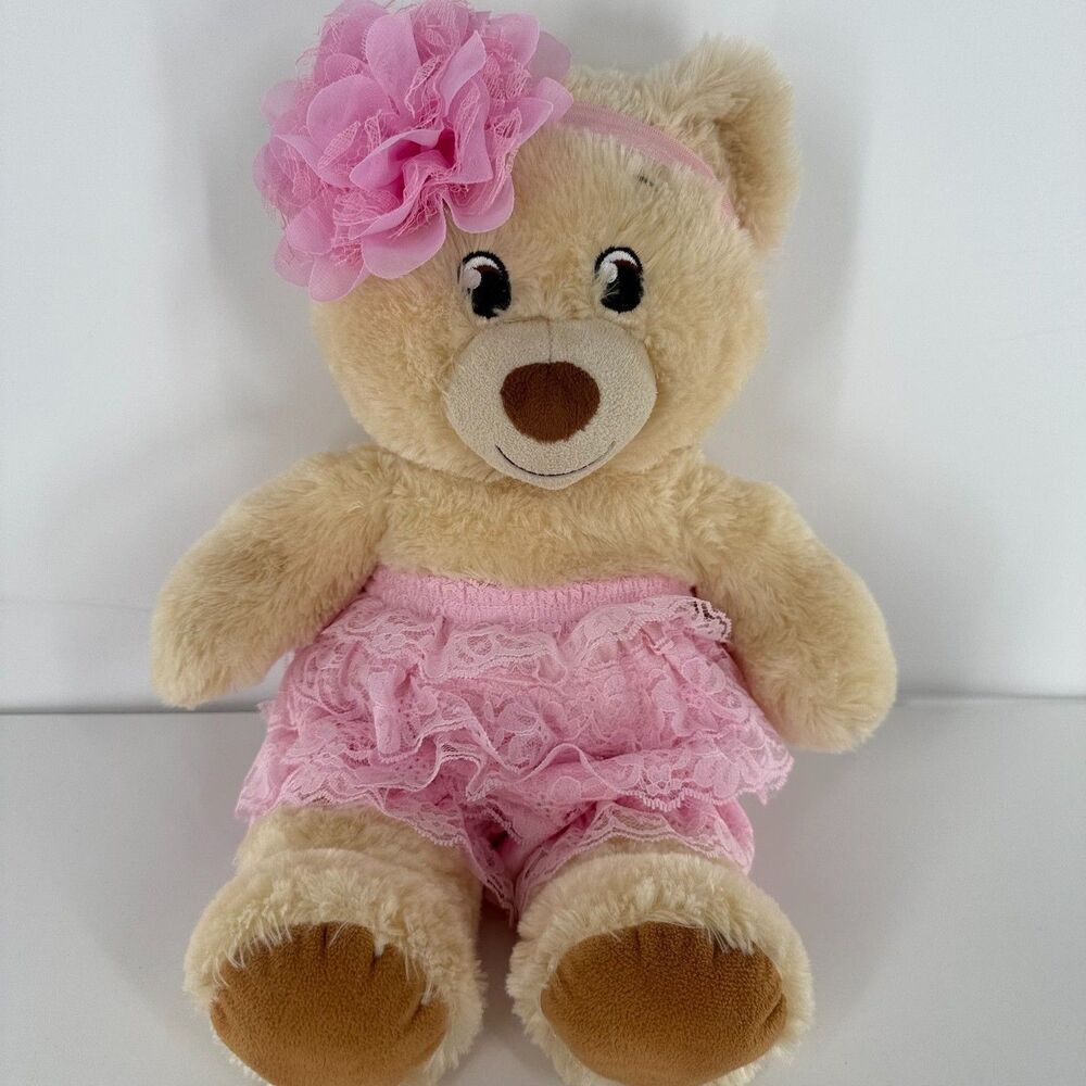 Build A Bear Cream Teddy Bear Plush Pink Lace Outfit Flower Headband BABW